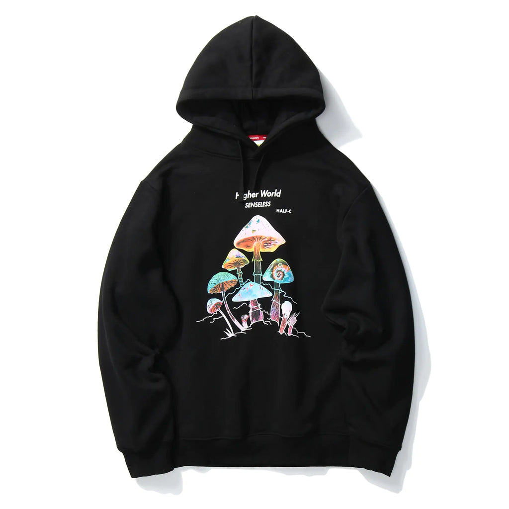 Colorful Fleece Hooded Sweatshirt with Mushroom Print