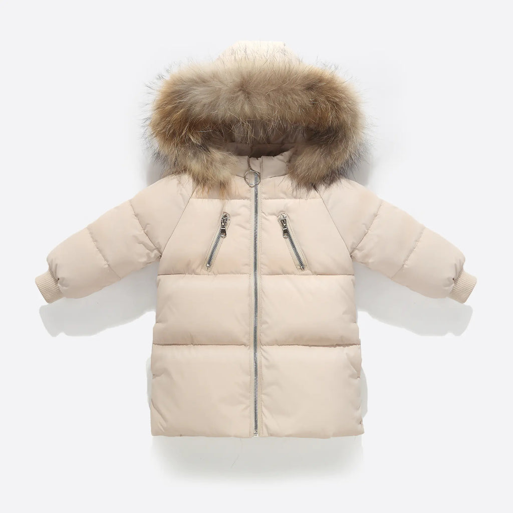 New Kids' Solid Color Down Jacket with Fur Collar