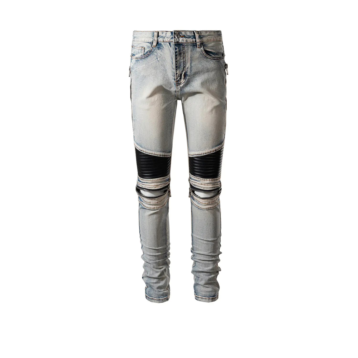 Men's Leather Patch Trousers with Knee Zipper