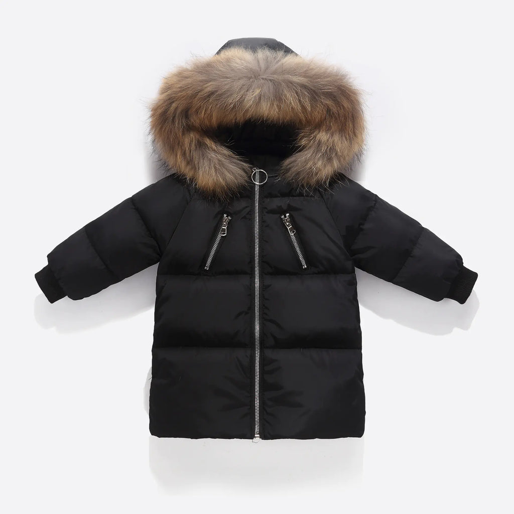 New Kids' Solid Color Down Jacket with Fur Collar
