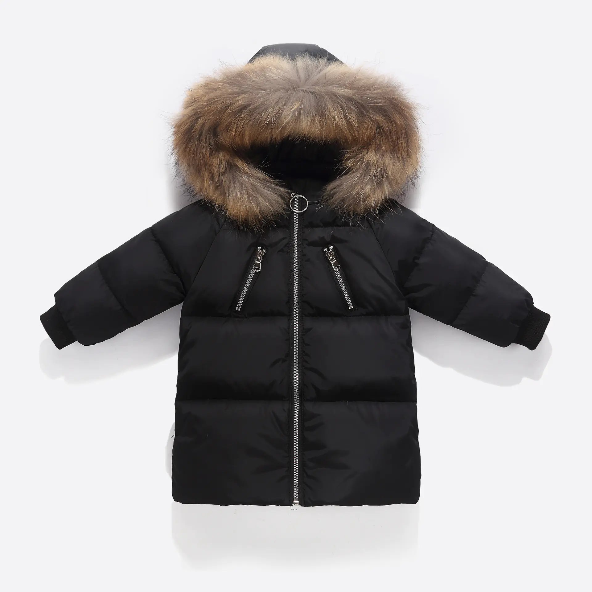 New Kids' Solid Color Down Jacket with Fur Collar