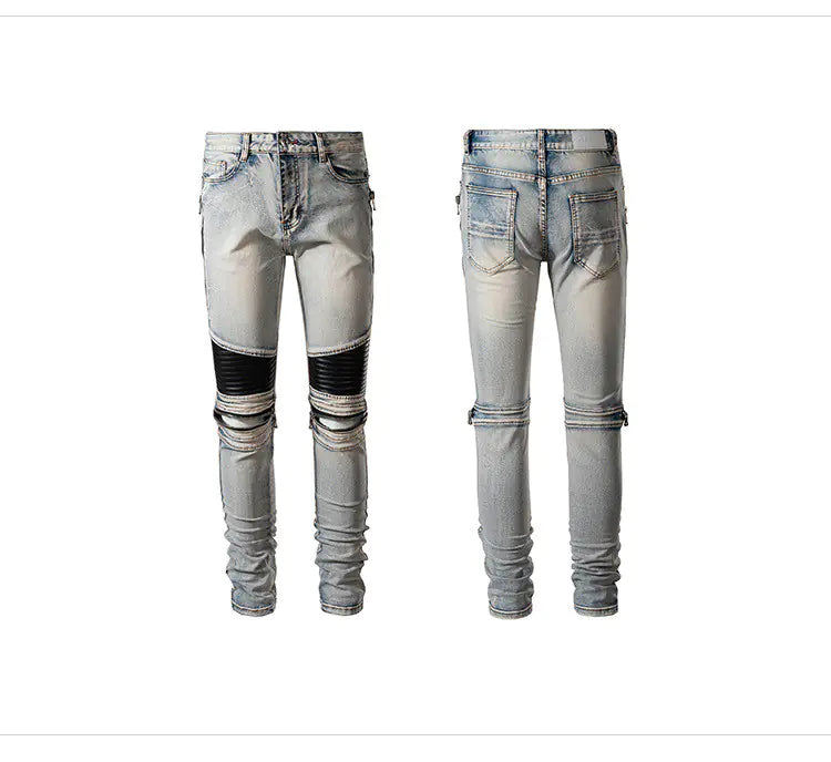 Men's Leather Patch Trousers with Knee Zipper