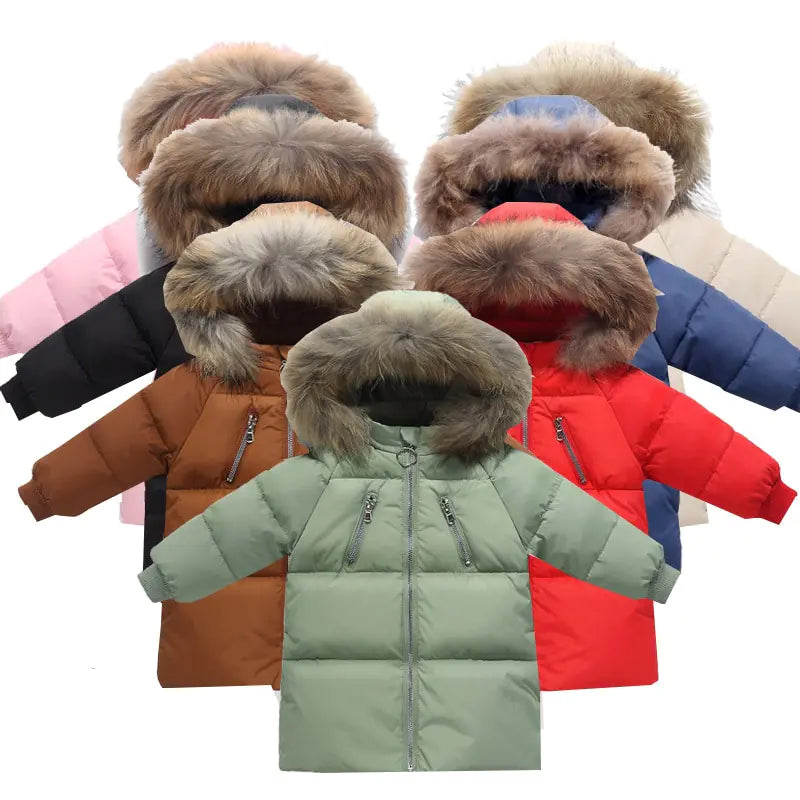 New Kids' Solid Color Down Jacket with Fur Collar