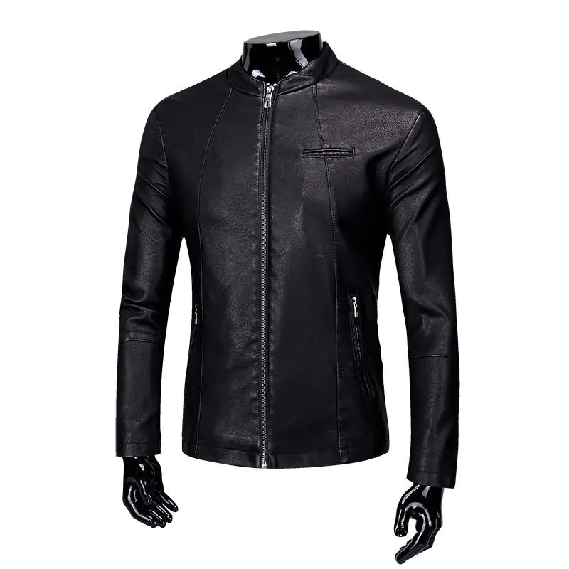 Men's Korean Style Leather Jacket with Fleece Lining