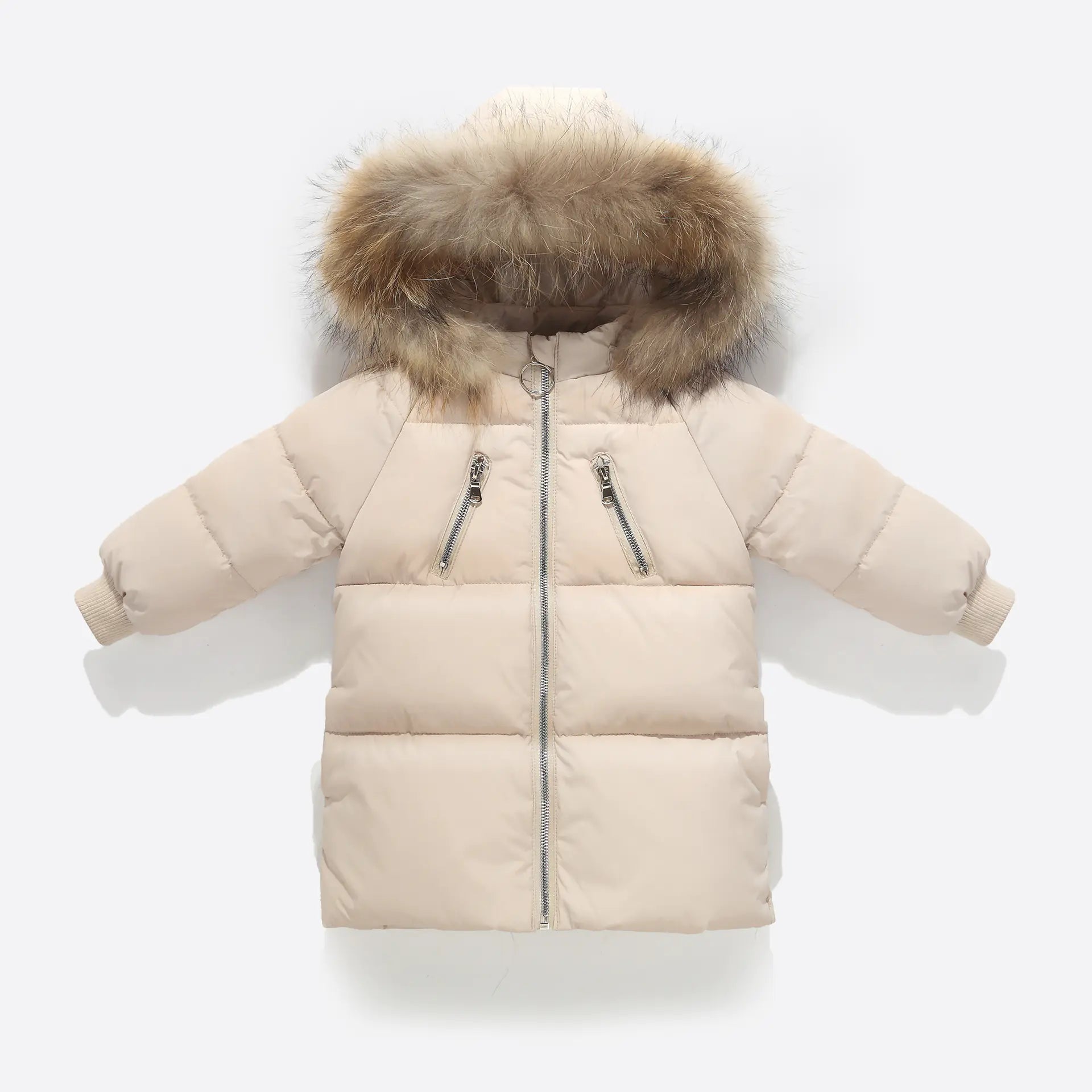 New Kids' Solid Color Down Jacket with Fur Collar