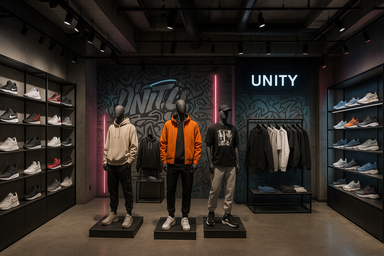 Unity goods shopping center include urban style shoes and clothes 
